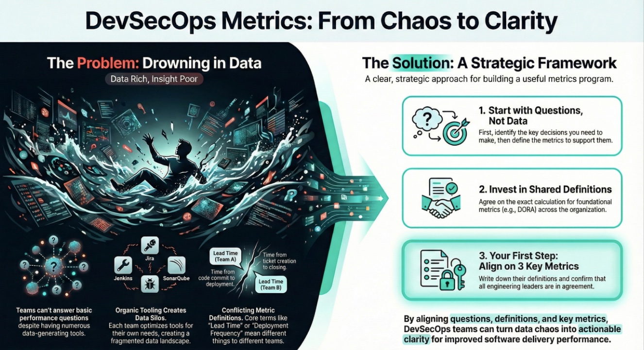 DevSecOps metrics visualization showing data flowing from multiple tools (GitLab, Jenkins, SonarQube, Jira) into a unified dashboard, illustrating the transformation from fragmented data silos to clear, actionable insights. The image uses a split design: the left side depicts chaotic data streams in muted colors, while the right side shows organized metrics in bright, confident tones. This conveys the journey from confusion to clarity that the article describes.